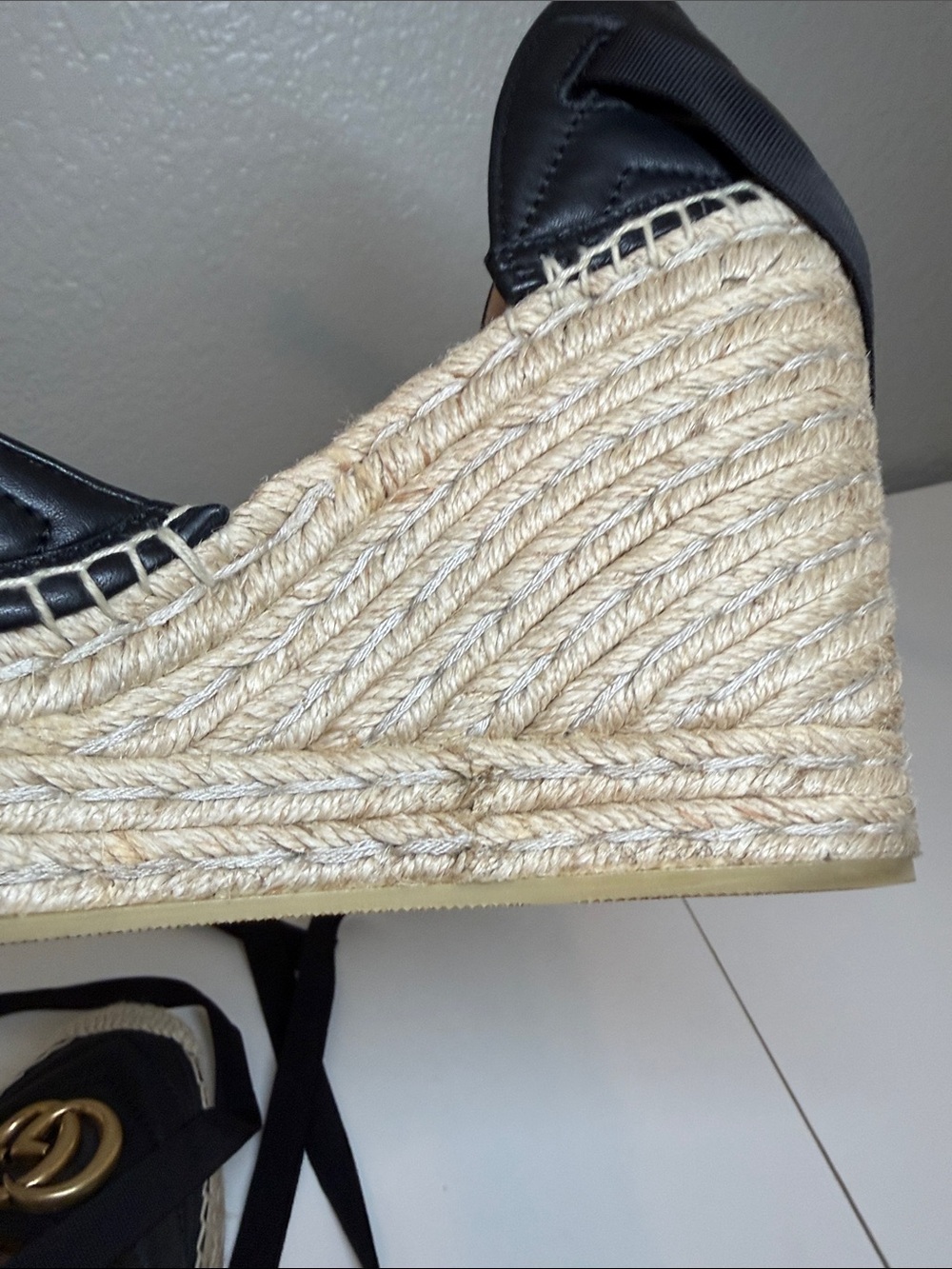 Gucci Black Leather GG Espadrille Wedges with Ribbon Ties - Picture 12 of 14